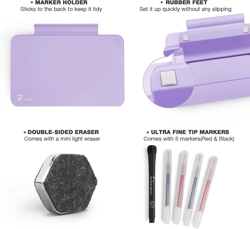 TOWON Small Glass Dry Erase Board, Desk White Board with Standing, Mini Whiteboard Easel Pad Set, Stenography Artifact for Office, Home and School Supplies, 8 x 6 Inches, Purple - Image 2